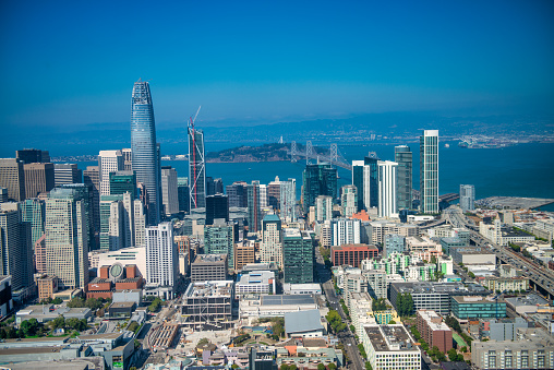 Aerial view of Downtown San Francisco skyline on a sunny day, California