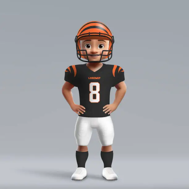 Vector illustration of 3d cartoon cute young american football player in uniform.