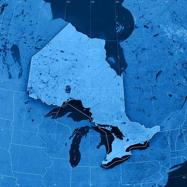 "3D render and image composing: Topographic Map of Ontario, Canada. Including state borders, rivers and accurate longitude/latitude lines. High resolution available! High quality relief structure!Relief texture and satellite images courtesy of NASA. Further data source courtesy of CIA World Data Bank II database.Related images:"