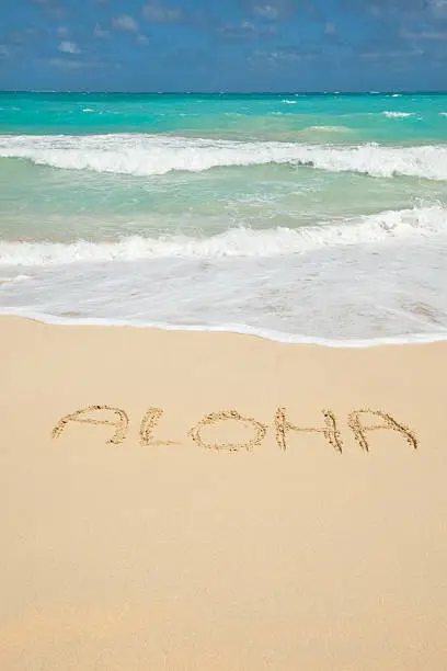 Aloha-Welcome to Hawaii!Word: Aloha written on a sandy beach with turquoise water of Pacific Ocean in the backgroundCheck out my Hawaiian Lightbox with more images: