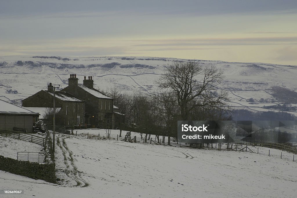 Inglés de granja en el invierno, Nieve ligera por la noche, en Yorkshire - Foto de stock de Escena rural libre de derechos