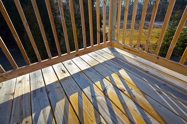 istock Pine Wood Stock Lumber Patio Deck Building, Railing, Floor, Shadow 182670566