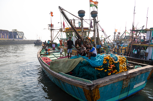 22nd January, 2020 - Mumbai, India: This editorial image vividly captures the bustling activity at Sasoon Docks, one of Mumbai's oldest and most vibrant fishing docks. The photograph showcases a typical day at the docks, teeming with fish sellers, fishermen, and customers. Fishermen are seen hauling in their fresh catch, while sellers busy themselves displaying a variety of fish and seafood on makeshift stalls. Customers, ranging from local residents to restaurant owners, navigate through the crowded space, selecting the freshest catch for purchase. The image aims to convey the lively atmosphere and the integral role Sasoon Docks plays in Mumbai's maritime industry and local culture, highlighting the hard work and community spirit that defines this bustling marketplace.
