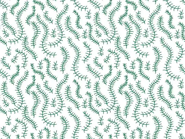 Vector illustration of Seamless green doodle pattern made of spruce branches or algae