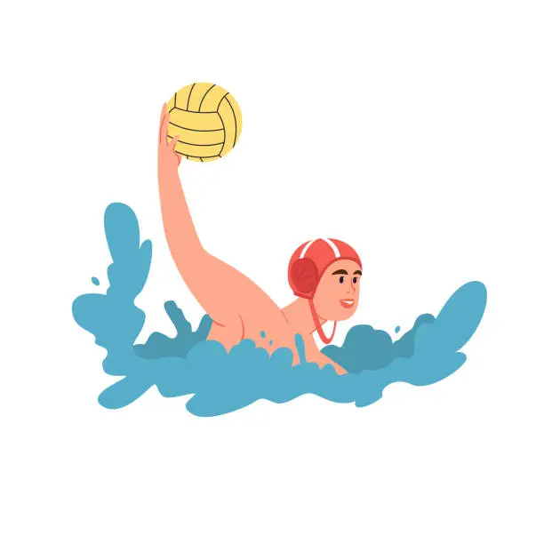 Vector illustration of Water polo. Summer sports activity. Swimming and competition in the water. The player throws the ball. Vector hand-drawn illustration on a white isolated background.