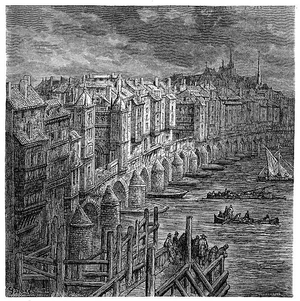 illustrazioni stock, clip art, cartoni animati e icone di tendenza di old london bridge 1694 - london bridge