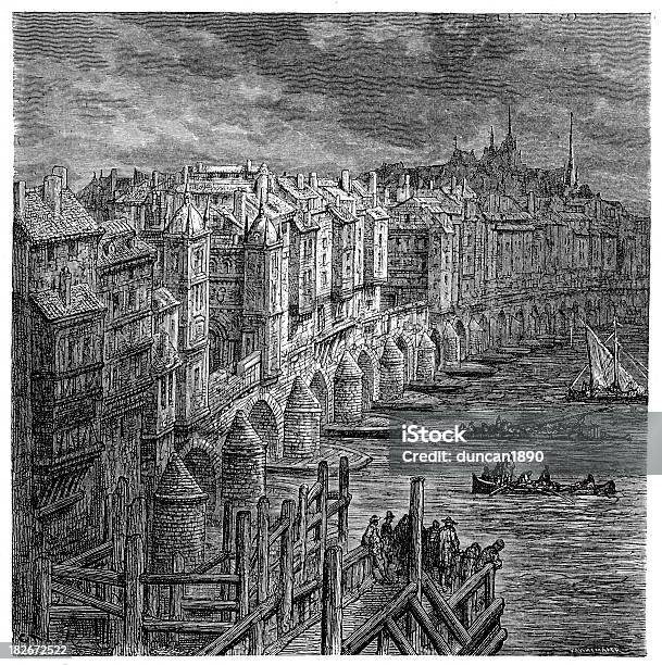 Старый Лондонский Мост 1694 — стоковая векторная графика и другие изображения на тему Лондонский мост - Англия - Лондонский мост - Англия, Прошлое, Старомодный
