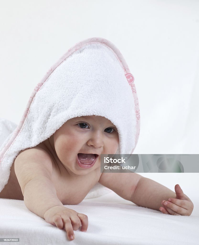 happy baby in white towel beautiful baby in white towel Baby - Human Age Stock Photo