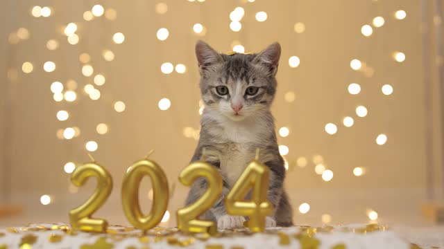 The kitten stands peacefully behind the inscription of the numbers of the upcoming new year 2024