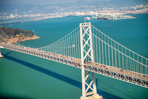 Aerial view of Bay Bridge in San Francisco on a sunny day, California