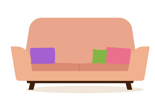 Simple retro sofa with pillows. Flat design.