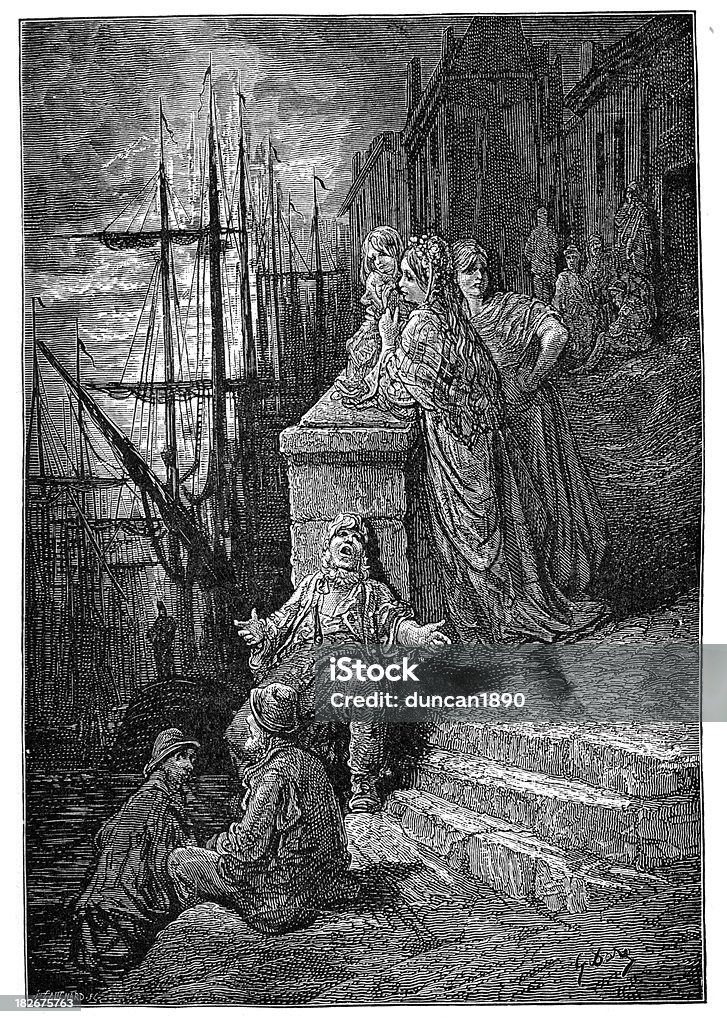 Victorian London - The watermans family Vintage engraving showing a scene from 19th Century London England. The family of a working class waterman down by the docks and the river. 1870-1879 stock illustration