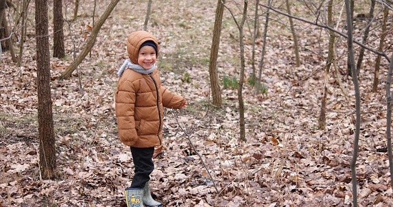 Little child boy walks among trees through dry fallen leaves on cold autumn day