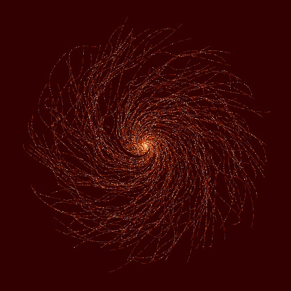 Digitally generated spiral pattern with intricate glowing lines against a deep maroon background.