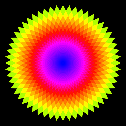 Colorful radial design with a starburst pattern featuring a spectrum of rainbow hues.