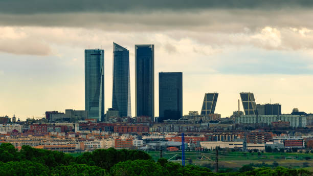 Skyline of the city of Madrid at sunset on a cloudy day with storm clouds. Skyline of the city of Madrid at sunset on a cloudy day with storm clouds lluvia stock pictures, royalty-free photos & images