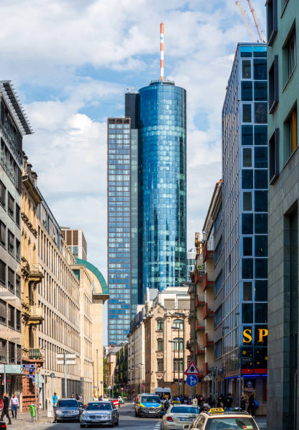Frankfurt am Main, Germany - August 17, 2023: The Main Tower is a 56-storey, 200 m (656 ft) skyscraper in the Innenstadt district, named after the nearby Main river, inaugurated in 1999.