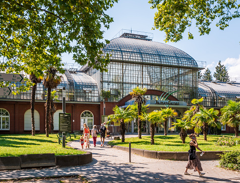 Frankfurt am Main, Germany - Aug. 20, 2023: People head towards the main entrance of the Palmengarten, one of three botanical gardens in Frankfurt, on a sunny summer afternoon.