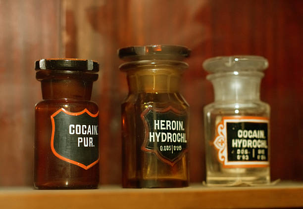 Bottles with cocaine, heroine in an old pharmacy stock photo