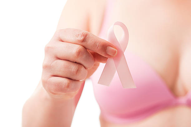 Woman Holding Breast Cancer Awareness Ribbon, Pink Healthcare Examination Reminder Close-up of a woman's hand holding a pink ribbon in front of her shoulder and chest which are in soft focus. She wears a pink bra for breast cancer awareness, a symbol reminder of annual breast examinations for protection in healthcare and medicine, to sustain a cancer-free, healthy lifestyle. Self Exam stock pictures, royalty-free photos & images