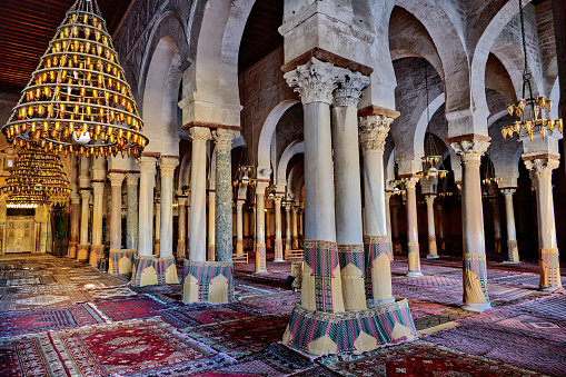 Interior of the Great Mosque of Kairouan (or Mosque of Uqba),  one of the most impressive and largest Islamic monuments in North Africa,  Tunisia