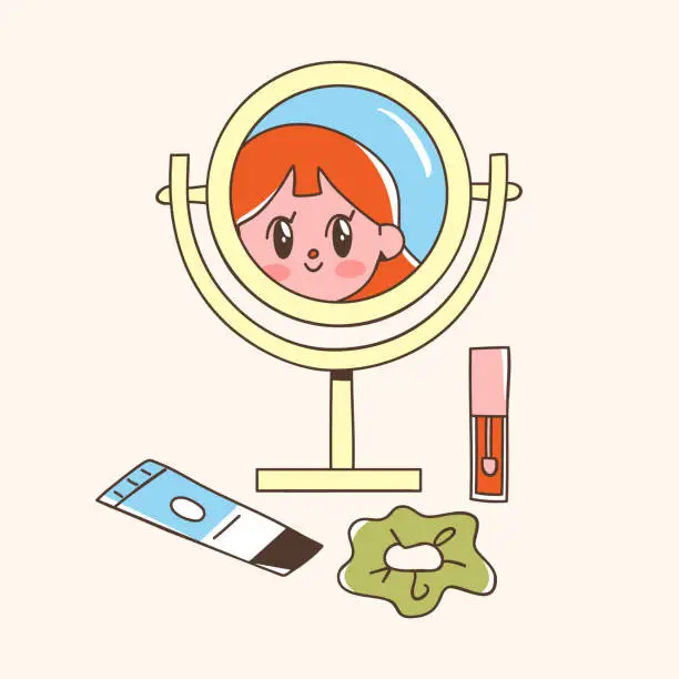 Vector illustration of Makeup mirror with a cute girl's reflection and girly accessories.