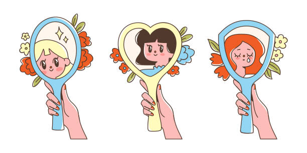 ilustraciones, imágenes clip art, dibujos animados e iconos de stock de niñas mirando sus reflejos en los espejos. - white background beauty and health flower human hand