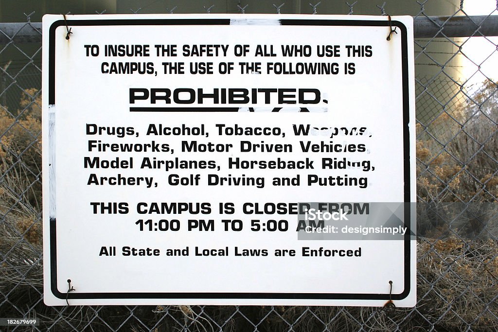 PROHIBITED "This warning sign is posted at an elementary school in Salt Lake City, UT. \""To insure the safety of all who use this campus, the use of the following is PROHIBITED: Drugs, Alcohol, Tobacco, Weapons, Fireworks, Motor Driven Vehicles, Model Airplanes, Horseback Riding, Archery, Golf Driving and Putting.\""" Airplane Stock Photo