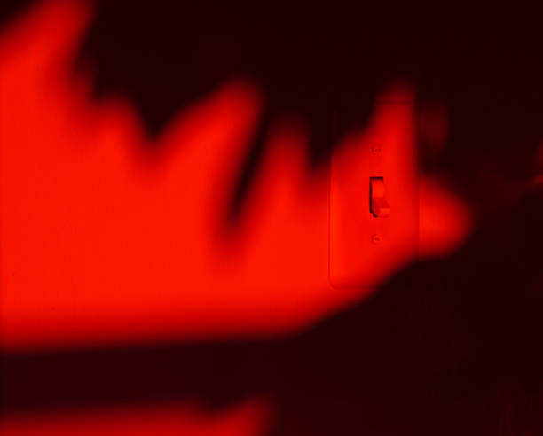 istock Electric power light switch in red light surrounded by shadows of plant 1826804829