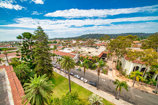 Daytime view of a historic public clock tower in downtown Bakersfield, California, USA.