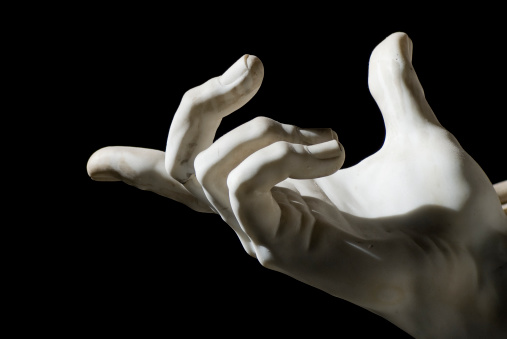 Open palms health care hands gesture, 3d rendering white painted supporting hands, female help giving arms.