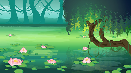 Swamp or lake with water lily. Vector cartoon landscape of green lake or river with water plants.