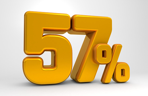Golden 57% 3d isolated on white background. 57% off 3D. 57% mega sale or fifty seven percent bonus. Sale of special offers. 3d rendering.