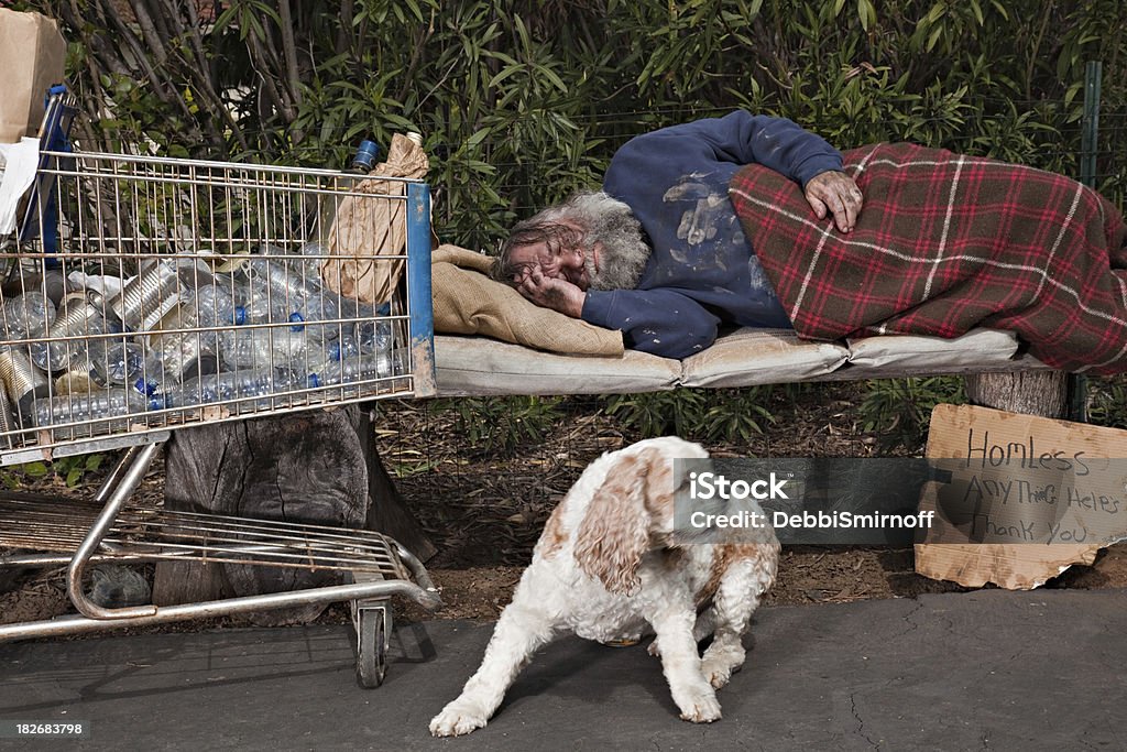 Homeless man Sleeps A homeless man sleeps with his recycle cart and dog nearby. Available in XSmall to XXXLarge. Homelessness Stock Photo