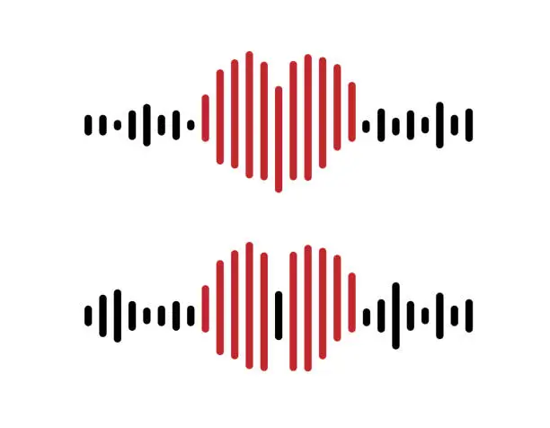 Vector illustration of Sound wave of Love or sound message. Set of music, podcast, radio shapes. Equalizer in the shape of a heart. Vector illustration.