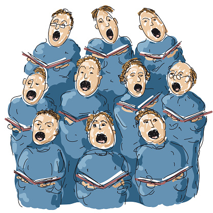 Choir of friars, group of people singing together, vector illustration