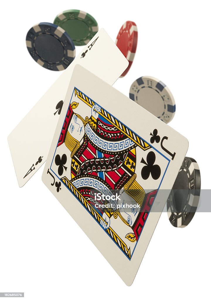 Black Jack "Flying Playing Cards and Poker Chips, isolated on a white background." Blackjack Stock Photo