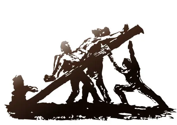 Vector illustration of Crucifixion of Jesus, the cross is raised on Golgotha, vector drawing