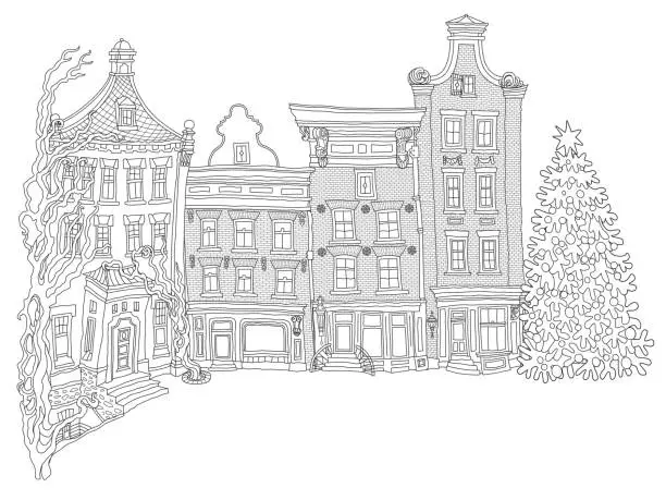 Vector illustration of Fairy tale square in the old medieval European town with Christmas fir-tree. Adults coloring book page