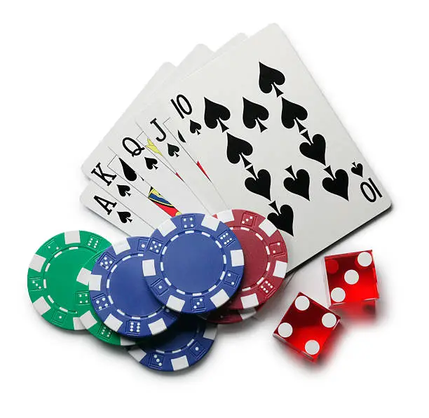 Photo of Playing cards gambling chips and dice on white background