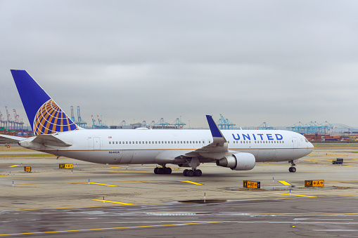 30 October 2023 Newark NJ USA. Newark International Airport EWR passenger airplane United Airlines on runway preparing for departure
