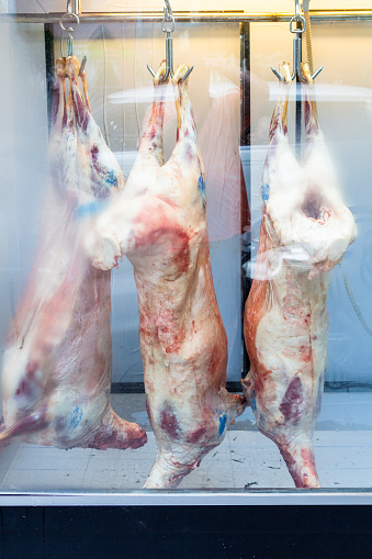 travel to Georgia - skinned lamb carcasses in window of butcher shop in Turkish district of Batumi city