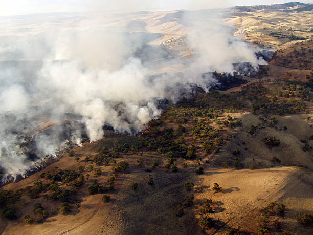 An aerial view of smoke from a bush fire stock photo
