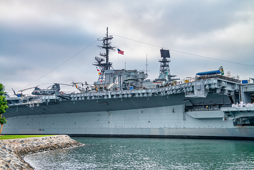 The USS Midway, CV-41, pierside in San Diego Bay.