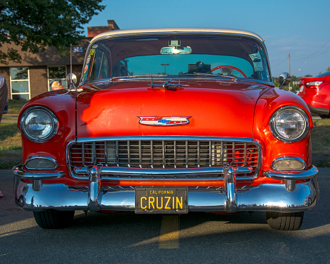Dartmouth, Nova Scotia, Canada -  August 16, 2018: 1955 Chevy Bel Air 2 door hard top, A&W weekly summer  cruise-in, Woodside Ferry Terminal parking lot, Dartmouth, NS, Canada