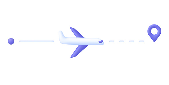 3D Plane flying over the world illustration. Airplane route illustration. Travel from point to location pin. Travel icon. Trendy and modern vector in 3d style.