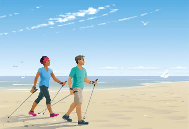 Vector illustration of Man and woman doing nordic walking at the beach