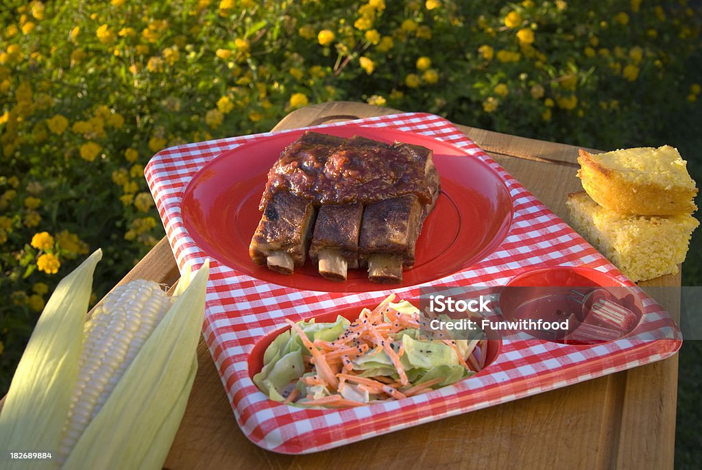 Churrasco de costeleta, Americana Rib mesa de piquenique, pão de milho de alimentos & salada de repolho - Foto de stock de 4 de Julho royalty-free