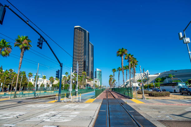 Tourists, streets and buildings along Harbor Drive