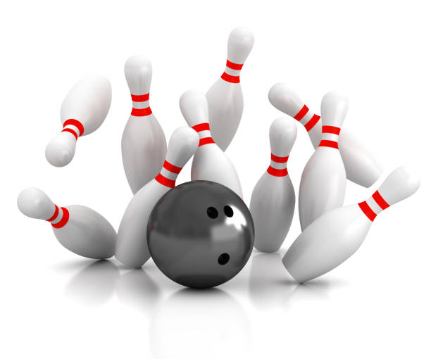 istock Black bowling ball striking bowling pins 182692490